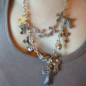 Time travelers cross necklace multi chain layer necklace in silver tone finish